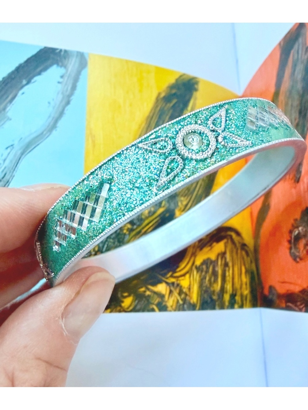 Vintage Teal Glitter Enamel Rhinestone Bangle Bracelet
